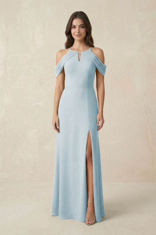 Off-the-Shoulder Chiffon Sheath Bridesmaid Dress With  Slit in Sky Blue | KISSBRIDAL