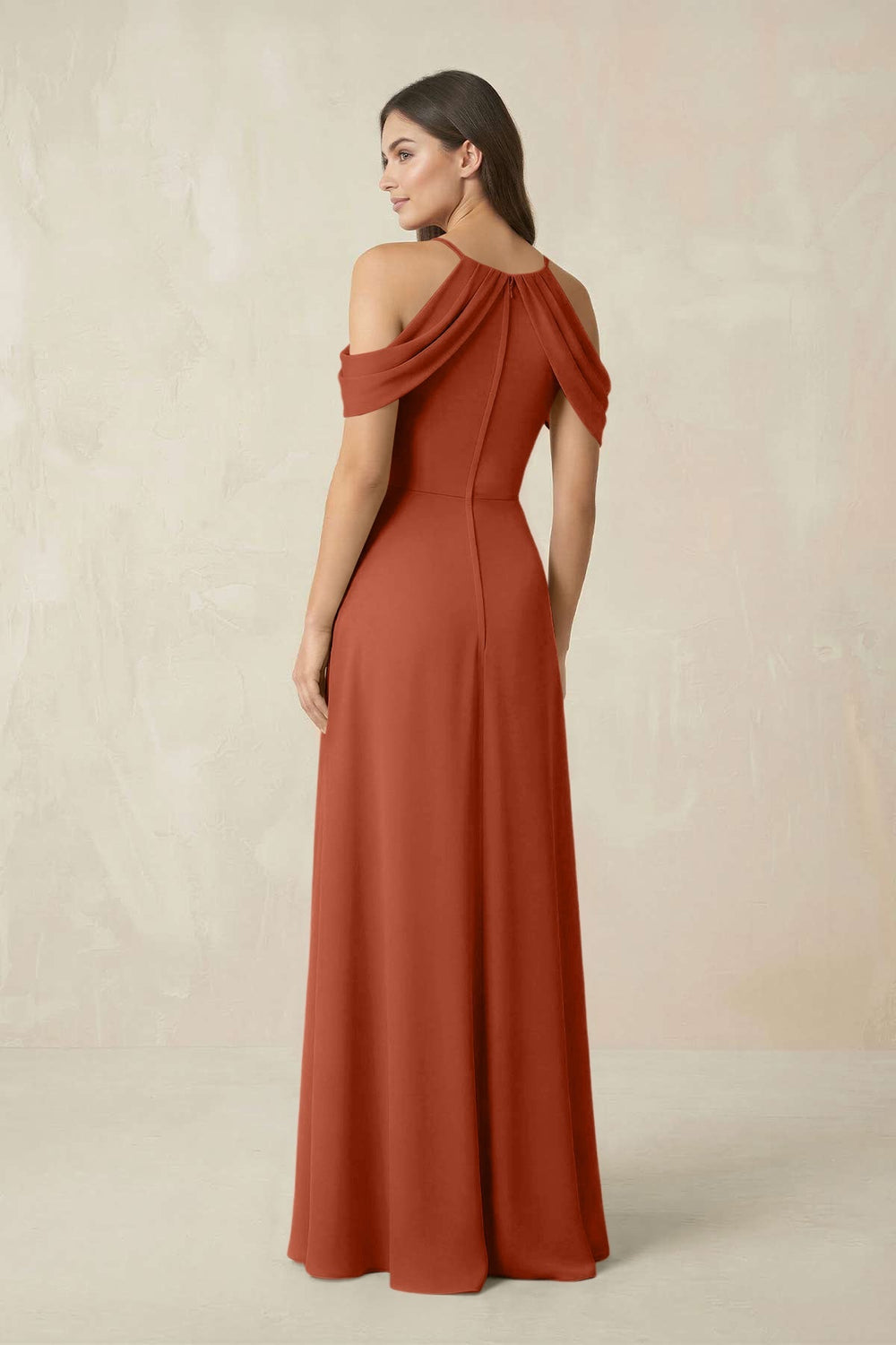 Off - the - Shoulder Chiffon Sheath Bridesmaid Dress With Slit in Spice - KISS BRIDAL Bridesmaid Dresses