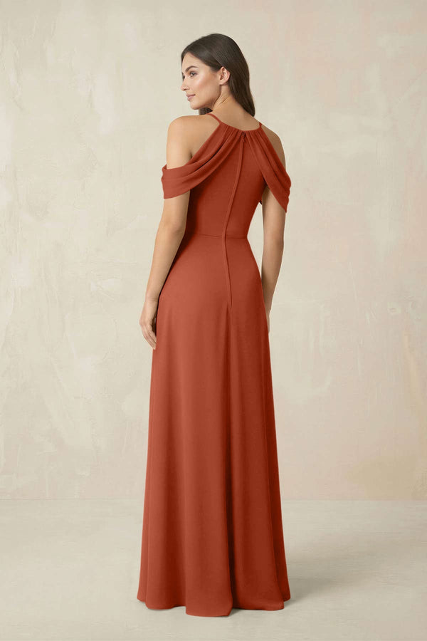 Off - the - Shoulder Chiffon Sheath Bridesmaid Dress With Slit in Spice - SHE IS ME Bridesmaid Dresses