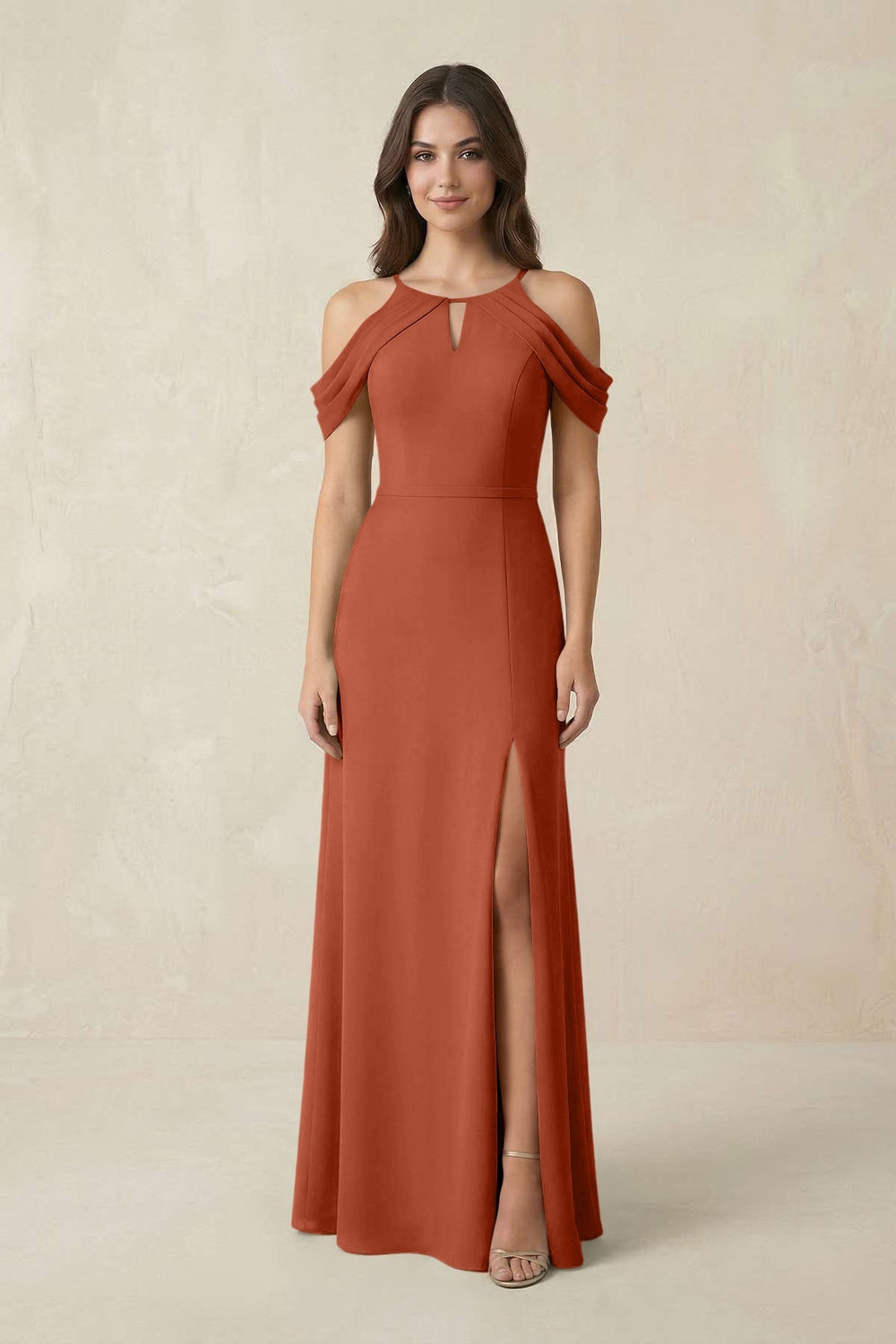 Off - the - Shoulder Chiffon Sheath Bridesmaid Dress With Slit in Spice - KISS BRIDAL Bridesmaid Dresses