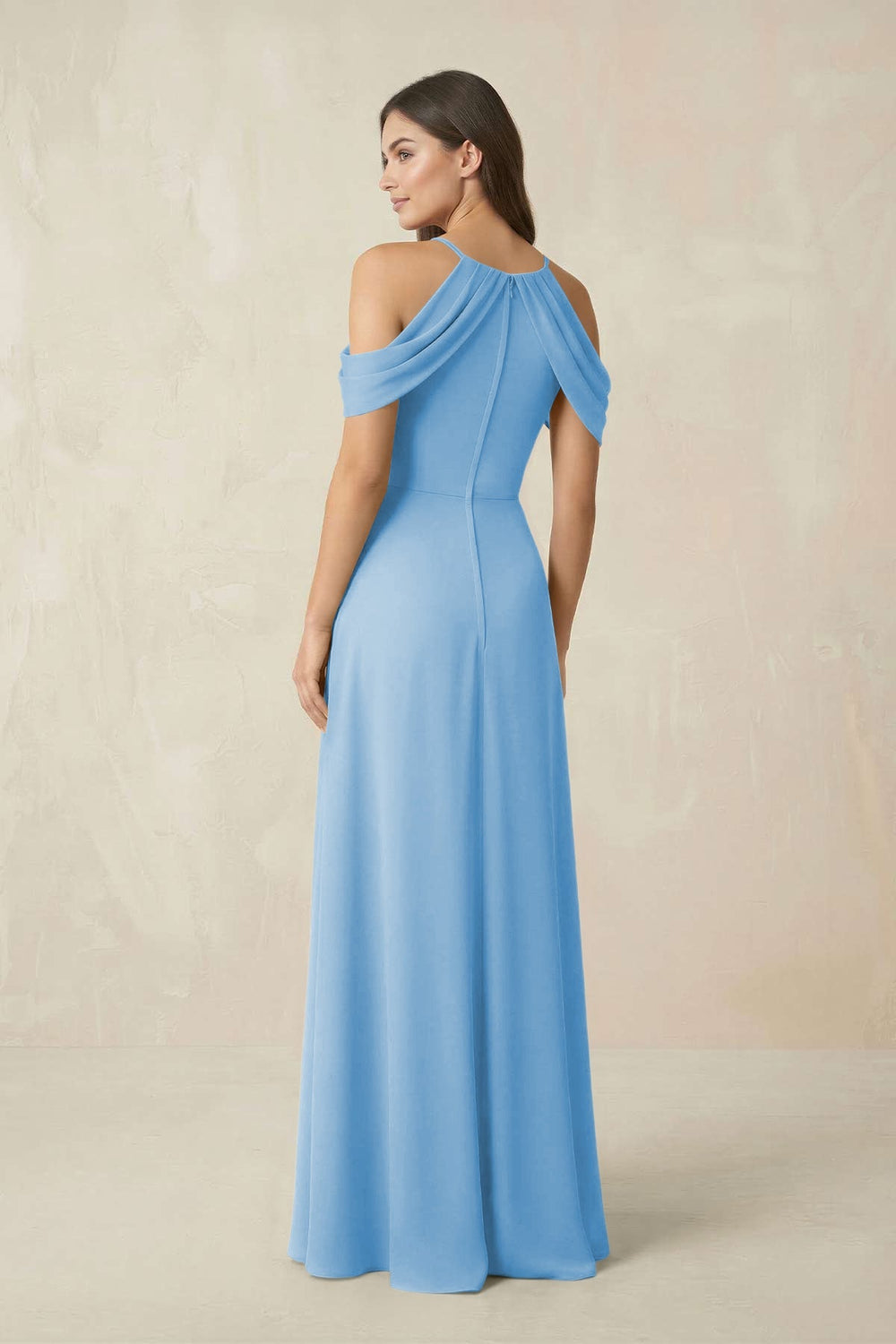Off - the - Shoulder Chiffon Sheath Bridesmaid Dress With Slit in Steel Blue - KISS BRIDAL Bridesmaid Dresses