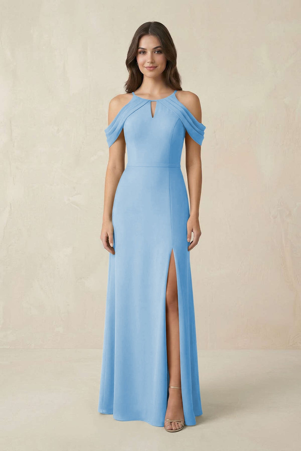 Off - the - Shoulder Chiffon Sheath Bridesmaid Dress With Slit in Steel Blue - KISS BRIDAL Bridesmaid Dresses