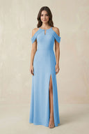 Off - the - Shoulder Chiffon Sheath Bridesmaid Dress With Slit in Steel Blue - SHE IS ME Bridesmaid Dresses
