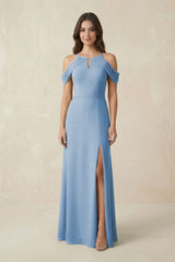 Off-the-Shoulder Chiffon Sheath Bridesmaid Dress With Slit in Steel Blue | KISSBRIDAL