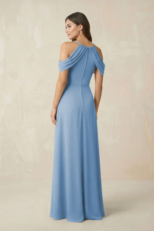 Off-the-Shoulder Chiffon Sheath Bridesmaid Dress With Slit in Steel Blue | KISSBRIDAL