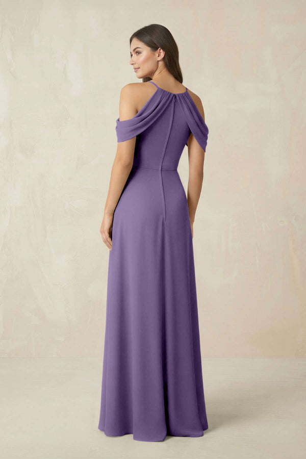 Off-the-Shoulder Chiffon Sheath Bridesmaid Dress With Slit in Tahiti (2) | KISSBRIDAL