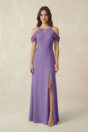 Off - the - Shoulder Chiffon Sheath Bridesmaid Dress With Slit in Tahiti - SHE IS ME Bridesmaid Dresses