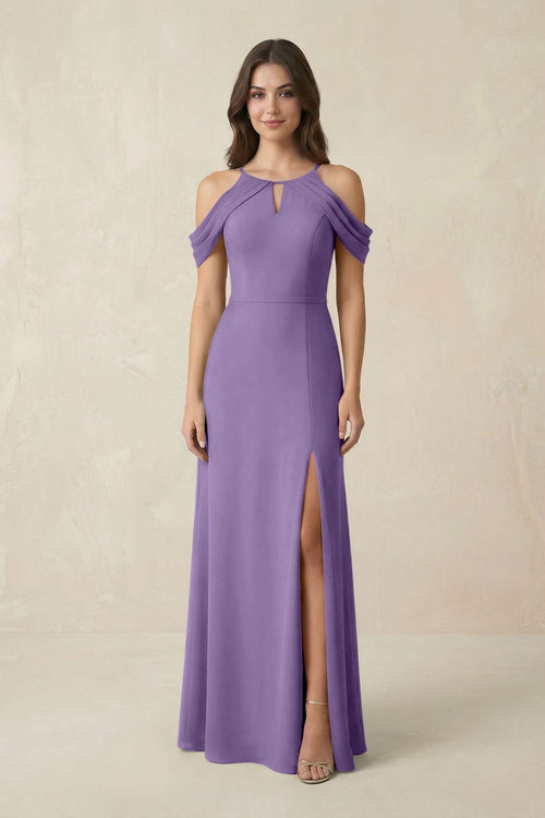 Off - the - Shoulder Chiffon Sheath Bridesmaid Dress With Slit in Tahiti - SHE IS ME Bridesmaid Dresses