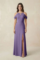 Off-the-Shoulder Chiffon Sheath Bridesmaid Dress With Slit in Tahiti | KISSBRIDAL