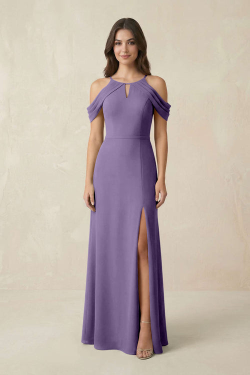 Off-the-Shoulder Chiffon Sheath Bridesmaid Dress With Slit in Tahiti | KISSBRIDAL