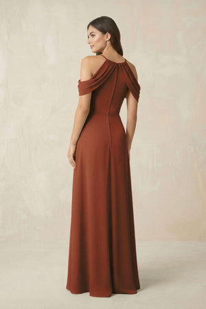 Off-the-Shoulder Chiffon Sheath Bridesmaid Dress With Slit in Terracotta (2) | KISSBRIDAL