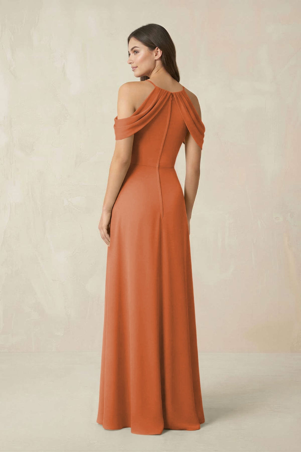 Off - the - Shoulder Chiffon Sheath Bridesmaid Dress With Slit in Terracotta - KISS BRIDAL Bridesmaid Dresses