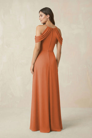 Off - the - Shoulder Chiffon Sheath Bridesmaid Dress With Slit in Terracotta - SHE IS ME Bridesmaid Dresses