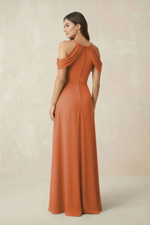 Off - the - Shoulder Chiffon Sheath Bridesmaid Dress With Slit in Terracotta - SHE IS ME Bridesmaid Dresses