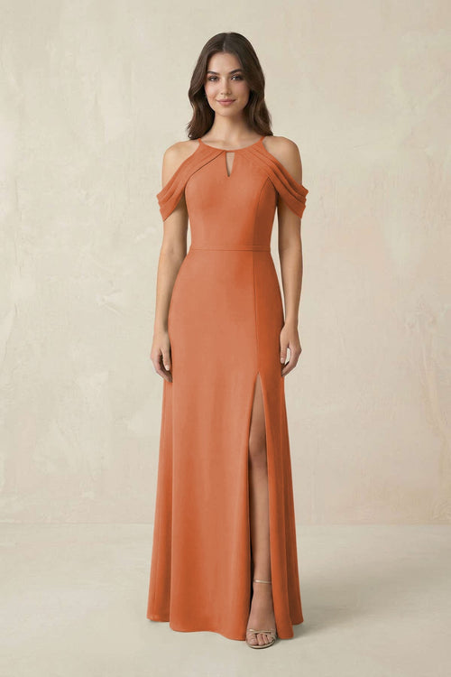 Off - the - Shoulder Chiffon Sheath Bridesmaid Dress With Slit in Terracotta - SHE IS ME Bridesmaid Dresses