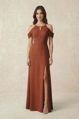 Off-the-Shoulder Chiffon Sheath Bridesmaid Dress With Slit in Terracotta | KISSBRIDAL