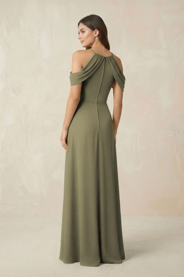 Off-the-Shoulder Chiffon Sheath Bridesmaid Dress With Slit in Thyme (2) | KISSBRIDAL