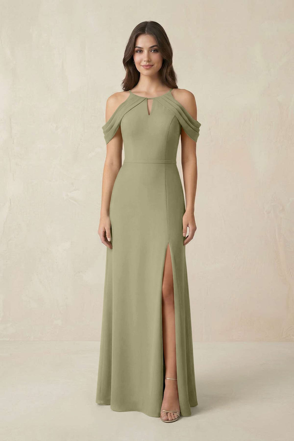 Off - the - Shoulder Chiffon Sheath Bridesmaid Dress With Slit in Thyme - KISS BRIDAL Bridesmaid Dresses