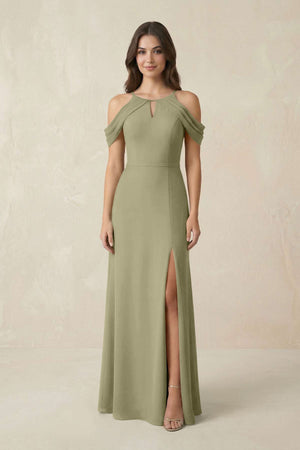 Off - the - Shoulder Chiffon Sheath Bridesmaid Dress With Slit in Thyme - SHE IS ME Bridesmaid Dresses
