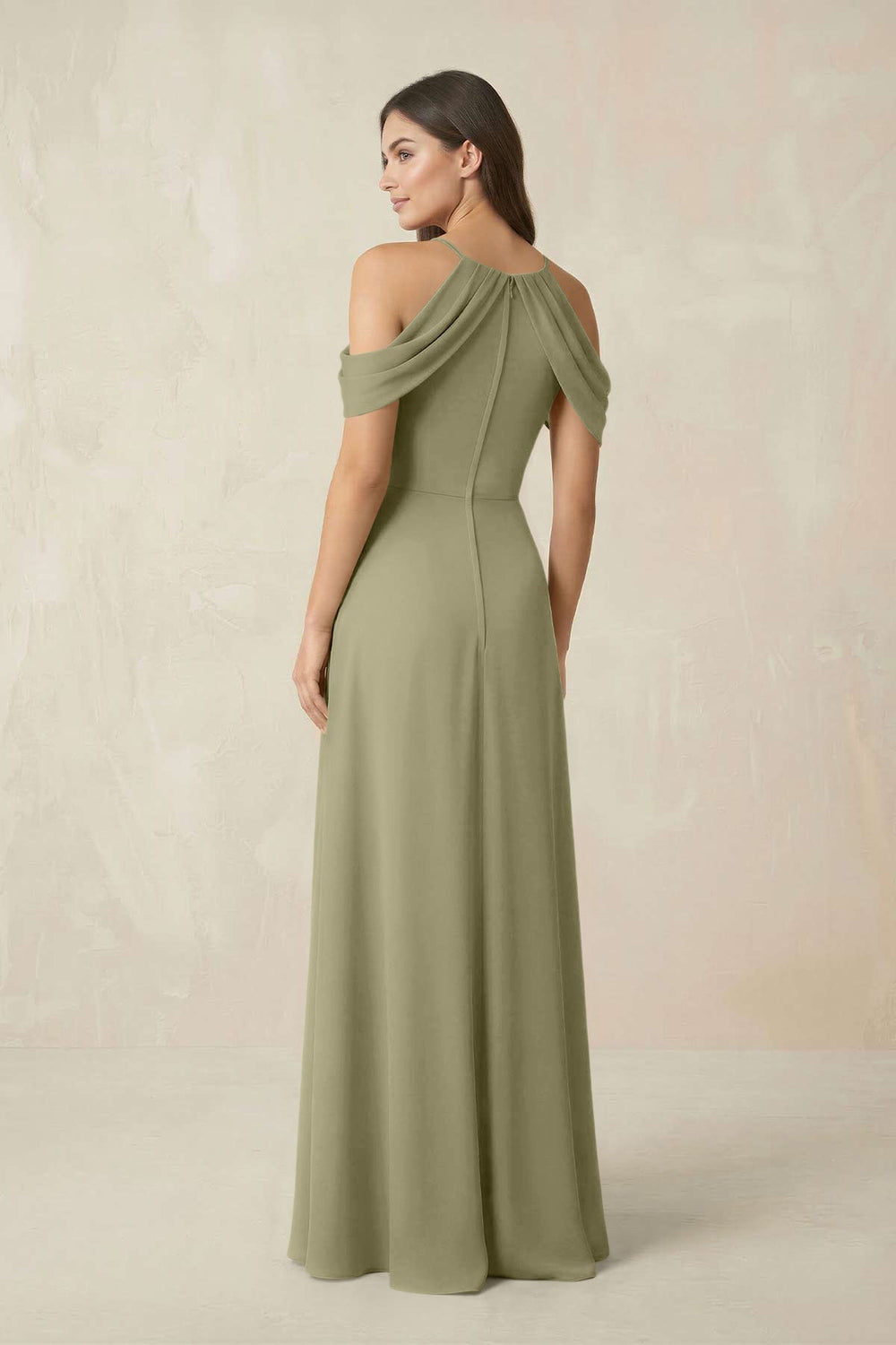 Off - the - Shoulder Chiffon Sheath Bridesmaid Dress With Slit in Thyme - KISS BRIDAL Bridesmaid Dresses