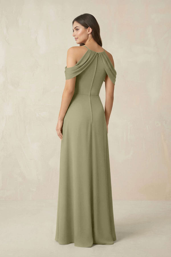 Off - the - Shoulder Chiffon Sheath Bridesmaid Dress With Slit in Thyme - SHE IS ME Bridesmaid Dresses