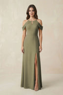 Off-the-Shoulder Chiffon Sheath Bridesmaid Dress With Slit in Thyme | KISSBRIDAL