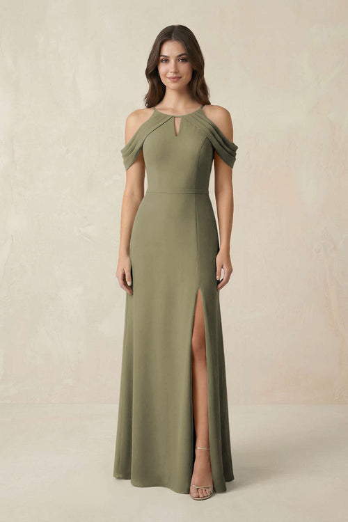 Off-the-Shoulder Chiffon Sheath Bridesmaid Dress With Slit in Thyme | KISSBRIDAL