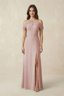 Off - the - Shoulder Chiffon Sheath Bridesmaid Dress With Slit in Toffee - SHE IS ME Bridesmaid Dresses