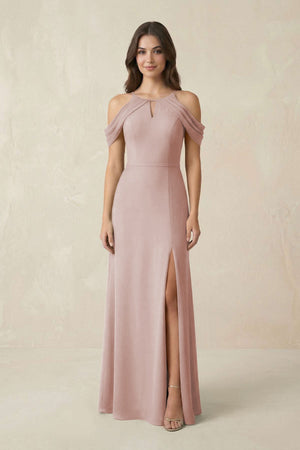 Off - the - Shoulder Chiffon Sheath Bridesmaid Dress With Slit in Toffee - SHE IS ME Bridesmaid Dresses