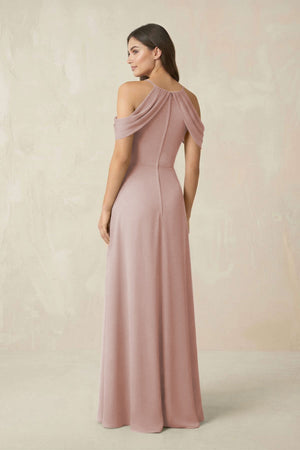 Off - the - Shoulder Chiffon Sheath Bridesmaid Dress With Slit in Toffee - SHE IS ME Bridesmaid Dresses