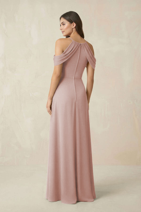 Off - the - Shoulder Chiffon Sheath Bridesmaid Dress With Slit in Toffee - SHE IS ME Bridesmaid Dresses