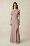 Off-the-Shoulder Chiffon Sheath Bridesmaid Dress With Slit in Toffee | KISSBRIDAL