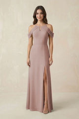 Off-the-Shoulder Chiffon Sheath Bridesmaid Dress With Slit in Toffee | KISSBRIDAL
