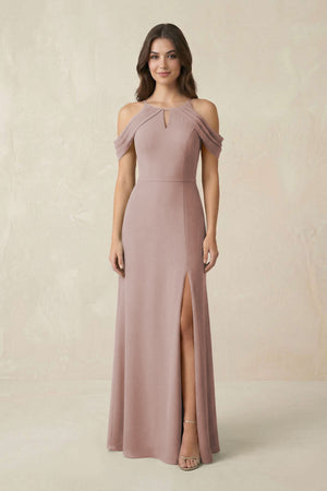 Off-the-Shoulder Chiffon Sheath Bridesmaid Dress With Slit in Toffee | KISSBRIDAL