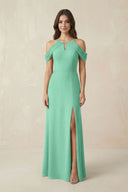 Off - the - Shoulder Chiffon Sheath Bridesmaid Dress With Slit in Turquoise - SHE IS ME Bridesmaid Dresses