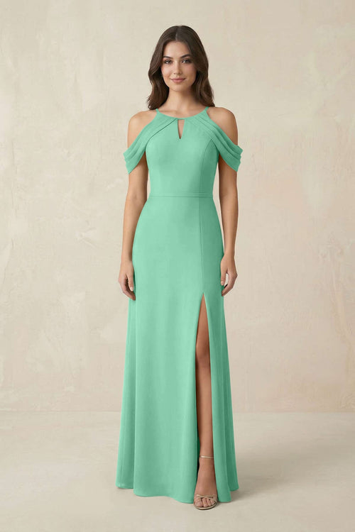 Off - the - Shoulder Chiffon Sheath Bridesmaid Dress With Slit in Turquoise - SHE IS ME Bridesmaid Dresses