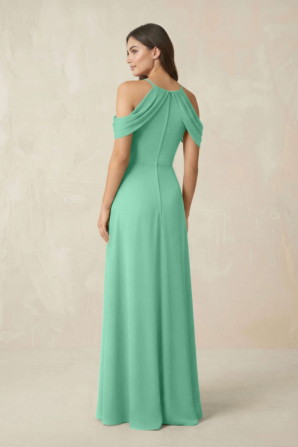 Off - the - Shoulder Chiffon Sheath Bridesmaid Dress With Slit in Turquoise - SHE IS ME Bridesmaid Dresses