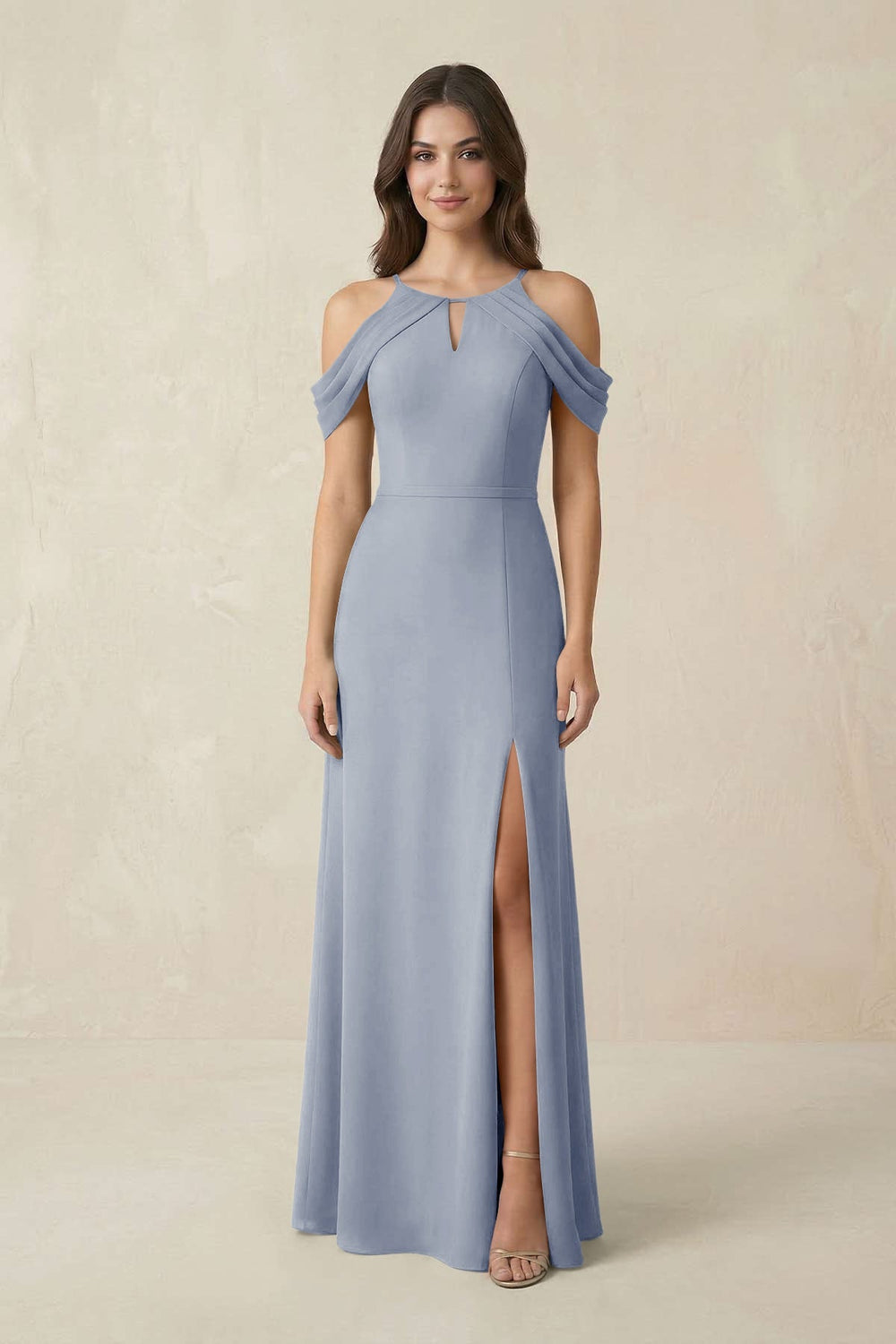 Off - the - Shoulder Chiffon Sheath Bridesmaid Dress With Slit in Twilight - KISS BRIDAL Bridesmaid Dresses