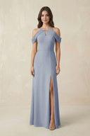 Off - the - Shoulder Chiffon Sheath Bridesmaid Dress With Slit in Twilight - SHE IS ME Bridesmaid Dresses