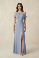 Off - the - Shoulder Chiffon Sheath Bridesmaid Dress With Slit in Twilight - KISS BRIDAL Bridesmaid Dresses