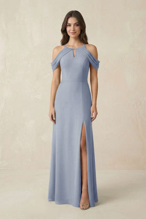 Off - the - Shoulder Chiffon Sheath Bridesmaid Dress With Slit in Twilight - SHE IS ME Bridesmaid Dresses