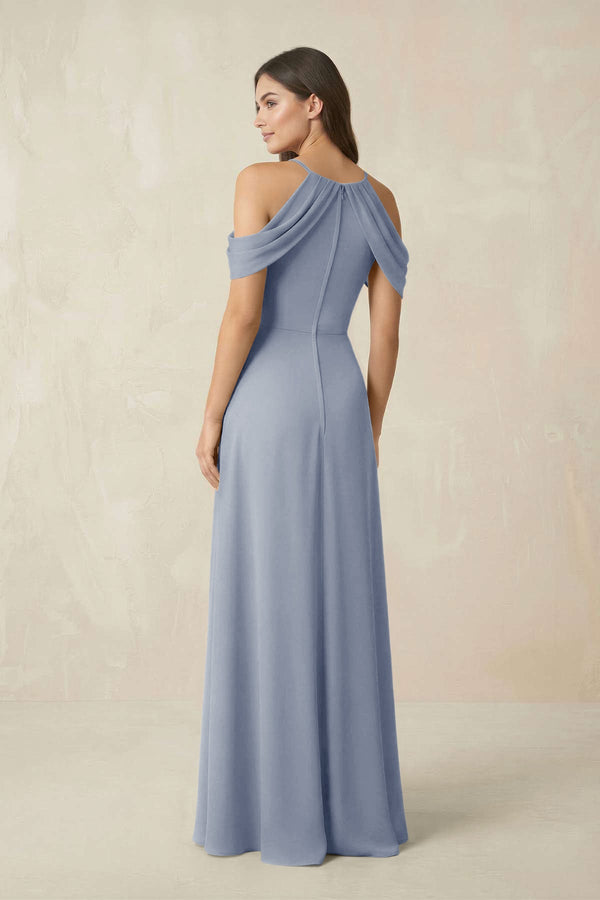 Off - the - Shoulder Chiffon Sheath Bridesmaid Dress With Slit in Twilight - SHE IS ME Bridesmaid Dresses