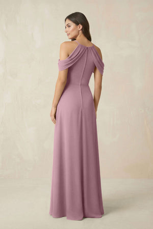 Off-the-Shoulder Chiffon Sheath Bridesmaid Dress With Slit in Vintage Mauve (2) | KISSBRIDAL