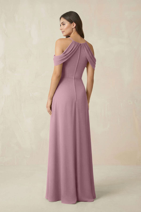 Off-the-Shoulder Chiffon Sheath Bridesmaid Dress With Slit in Vintage Mauve (2) | KISSBRIDAL