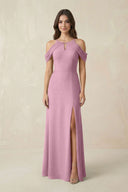 Off - the - Shoulder Chiffon Sheath Bridesmaid Dress With Slit in Vintage Mauve - SHE IS ME Bridesmaid Dresses