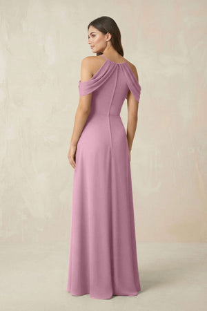 Off - the - Shoulder Chiffon Sheath Bridesmaid Dress With Slit in Vintage Mauve - SHE IS ME Bridesmaid Dresses