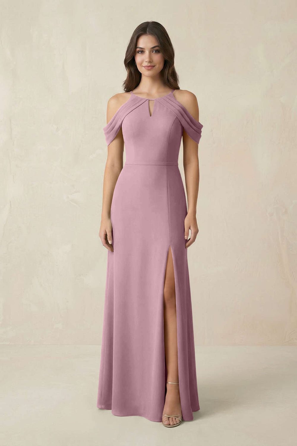 Off-the-Shoulder Chiffon Sheath Bridesmaid Dress With Slit in Vintage Mauve