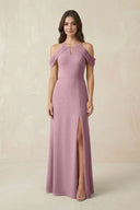 Off-the-Shoulder Chiffon Sheath Bridesmaid Dress With Slit in Vintage Mauve | KISSBRIDAL