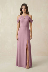 Off-the-Shoulder Chiffon Sheath Bridesmaid Dress With Slit in Vintage Mauve | KISSBRIDAL
