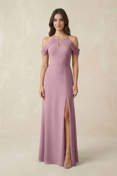 Off-the-Shoulder Chiffon Sheath Bridesmaid Dress With Slit in Vintage Mauve | KISSBRIDAL